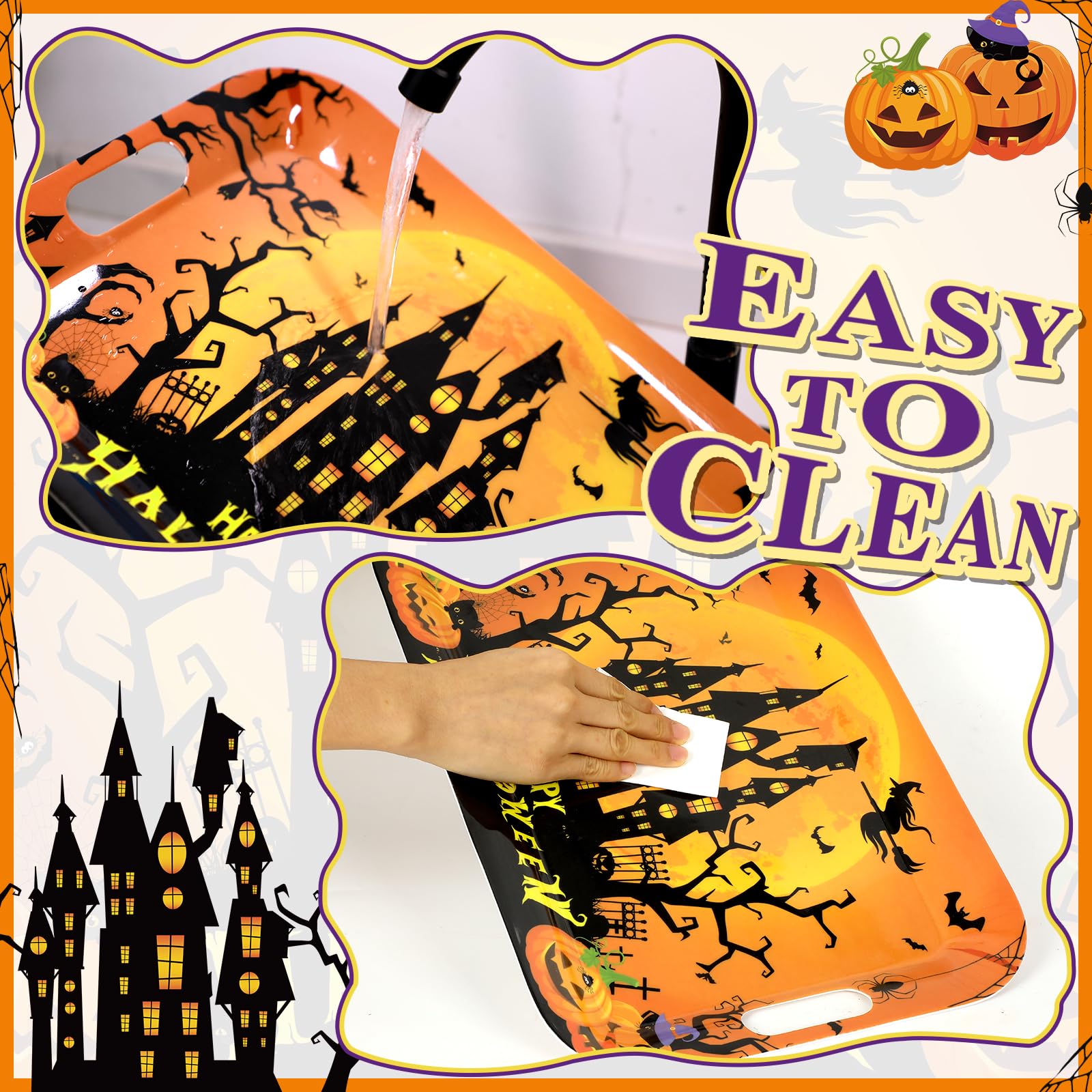 gisgfim 2Pcs Halloween Serving Trays 16.1 X 11.1 Inch Large Melamine Platters with Handles, Orange Purple Castle Pumpkin Bat Food Trays Halloween Movie Night Snack Trays Birthday Party Serving Dishes