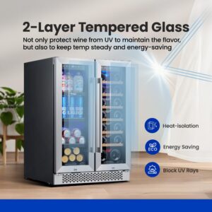 Yeego Wine and Beverage Refrigerator 24", Dual Zone Beverage Cooler Wine Fridge with Upgrade Quiet Cooling, Anti-UV Glass Door, 20 Bottles & 60 Cans Large Capacity, Built-in/Freestanding/Undercounter