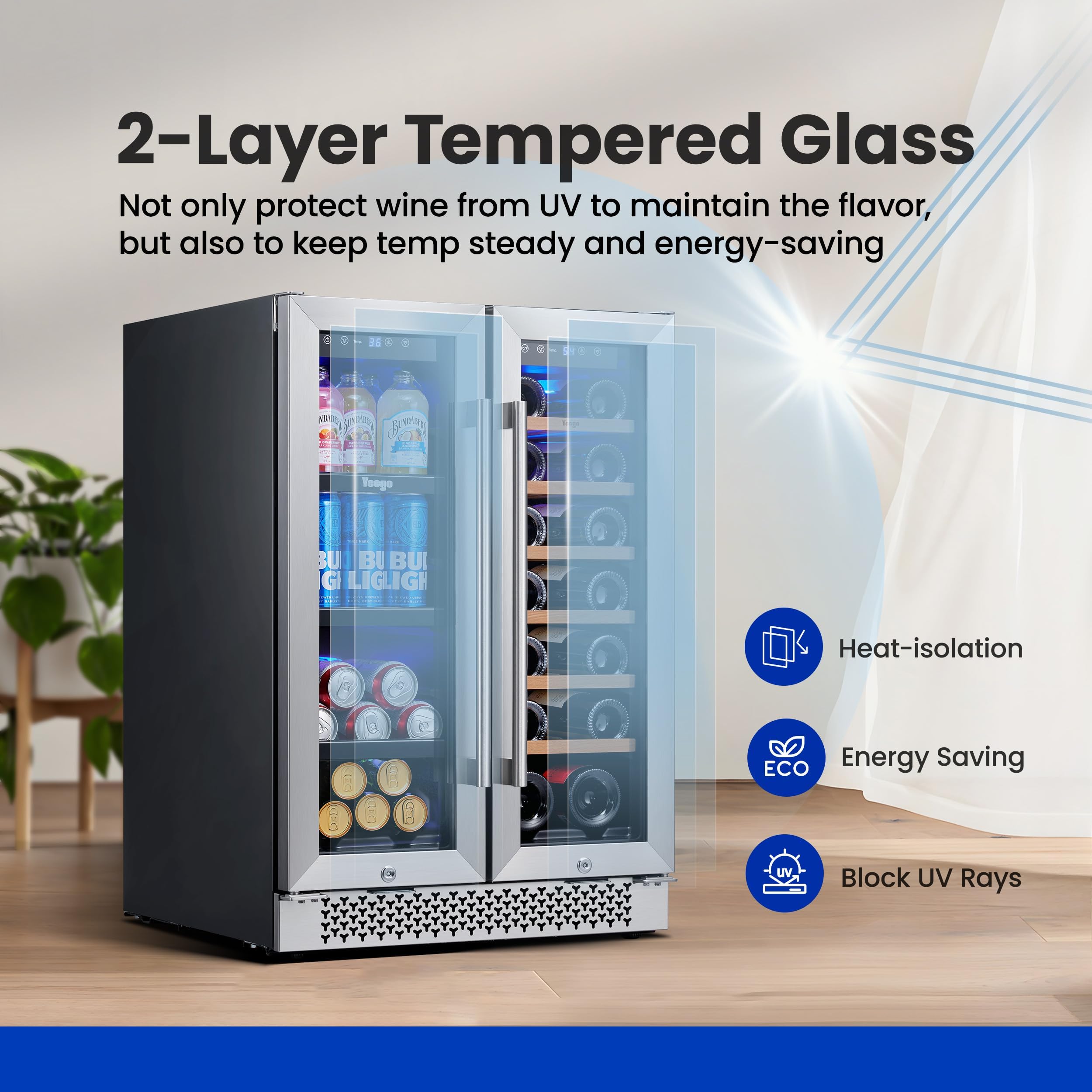 Yeego Wine and Beverage Refrigerator 24", Dual Zone Beverage Cooler Wine Fridge with Upgrade Quiet Cooling, Anti-UV Glass Door, 20 Bottles & 60 Cans Large Capacity, Built-in/Freestanding/Undercounter