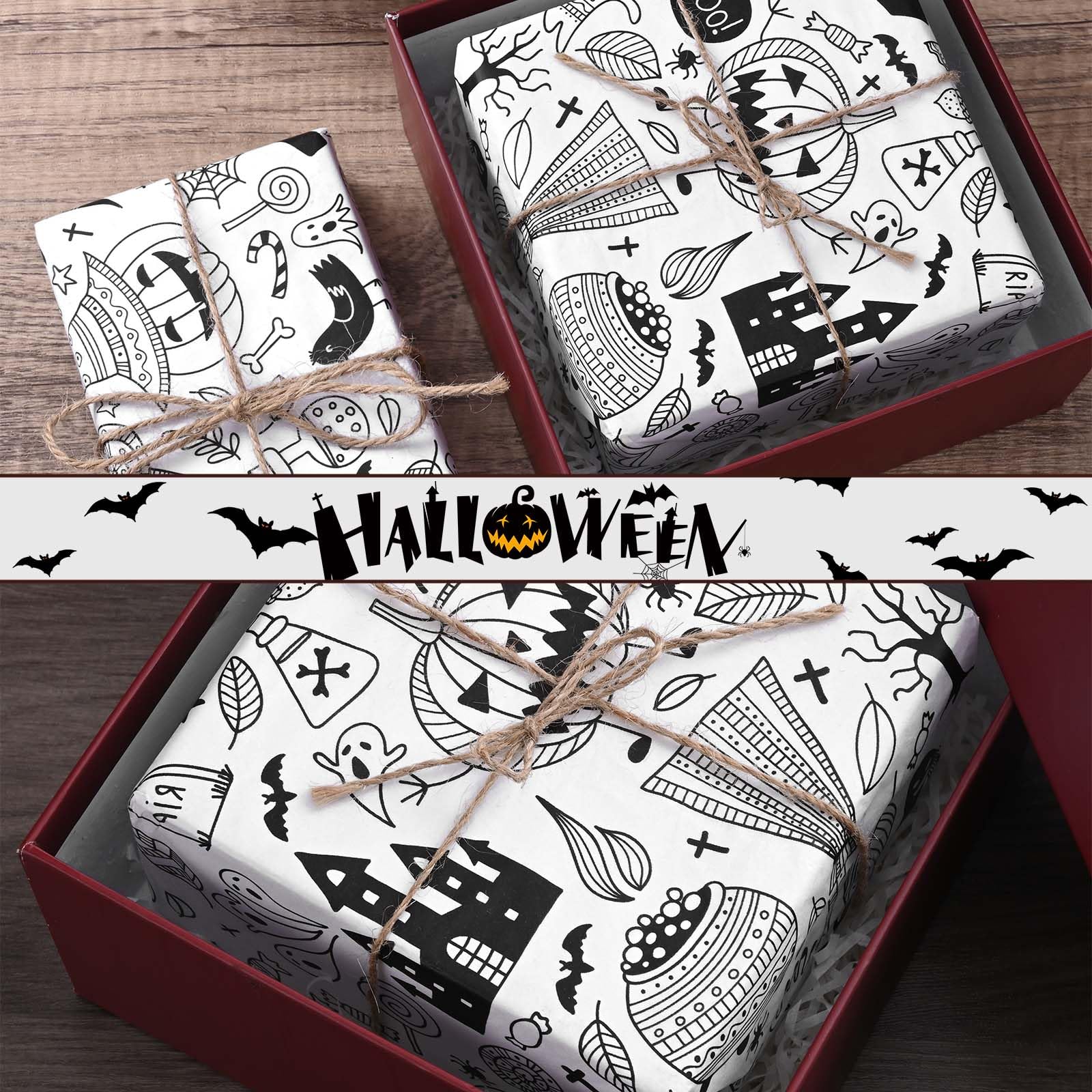 100 Sheets 20 * 14 Inches Halloween Tissue Paper for Gift Bags Boho Style Pumpkin Ghost Tombstone Castle Print Art Tissue Paper Bulk for Halloween Birthday Party DIY Crafts Gift Wrapping