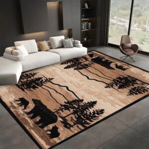 Country Woodland Bear Rug, 6x8ft, Wildlife Bear Cub Cabin Decor Rugs, Low Pile Non-Shedding Pet Friendly Throw Mat, Reduce Noise Soft Anti-Skid Carpet for Hardwood Floors Entryway