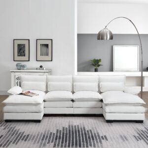 u shaped sectional couches for living room, 110" sectional sofa with waist pillows, symmetrical sleeper sofa couch with double chaise lounge, modular sofa for living room furniture sets, white