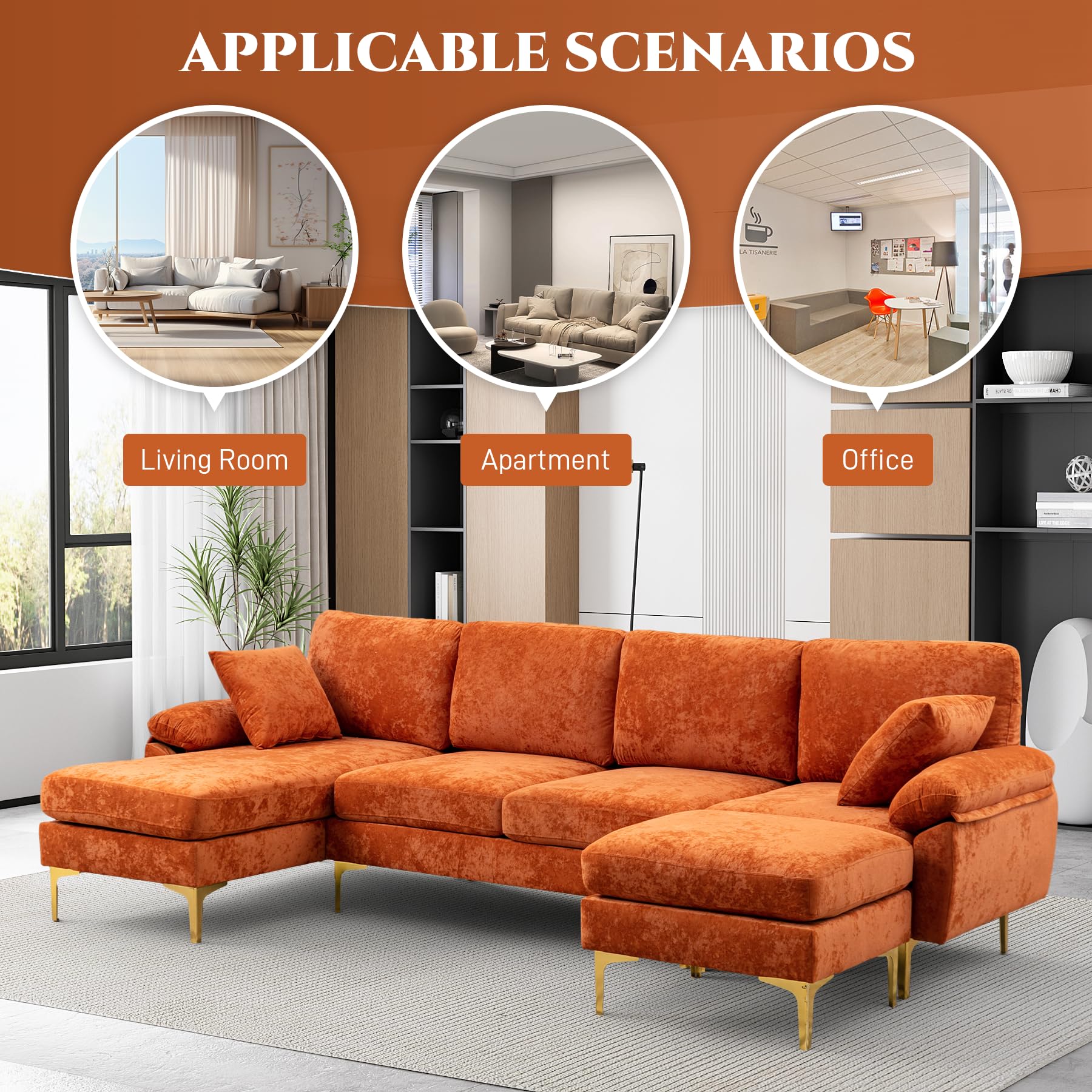 ONEMMLION U-Shaped Sectional Sofa Couch, 4 Seat Velvet Sofa Set for Living Room, Convertible L-Shaped Couch Set with Chaise Lounge, Pillows and Ottoman,114 inches (Orange)