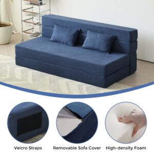 Kaxiti Folding Sofa Bed, 3-in-1 Convertible Sleeper Chair with Pillow, Linen Foldable Mattress Futon, Memory Foam Floor Couch for Living Room/Dorm/Guest Room/Home Office/Bedroom, Queen, Navy Blue