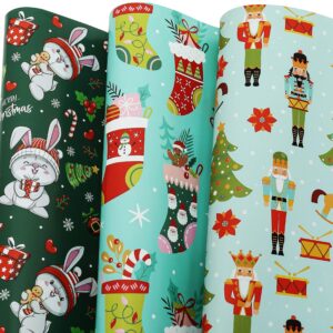 bolianne christmas wrapping paper for kids boys girls - funny xmas holiday gift wrap with socks, rabbits, nutcracker for new year party - 6 large sheets, 27 x 37 inch, high gloss