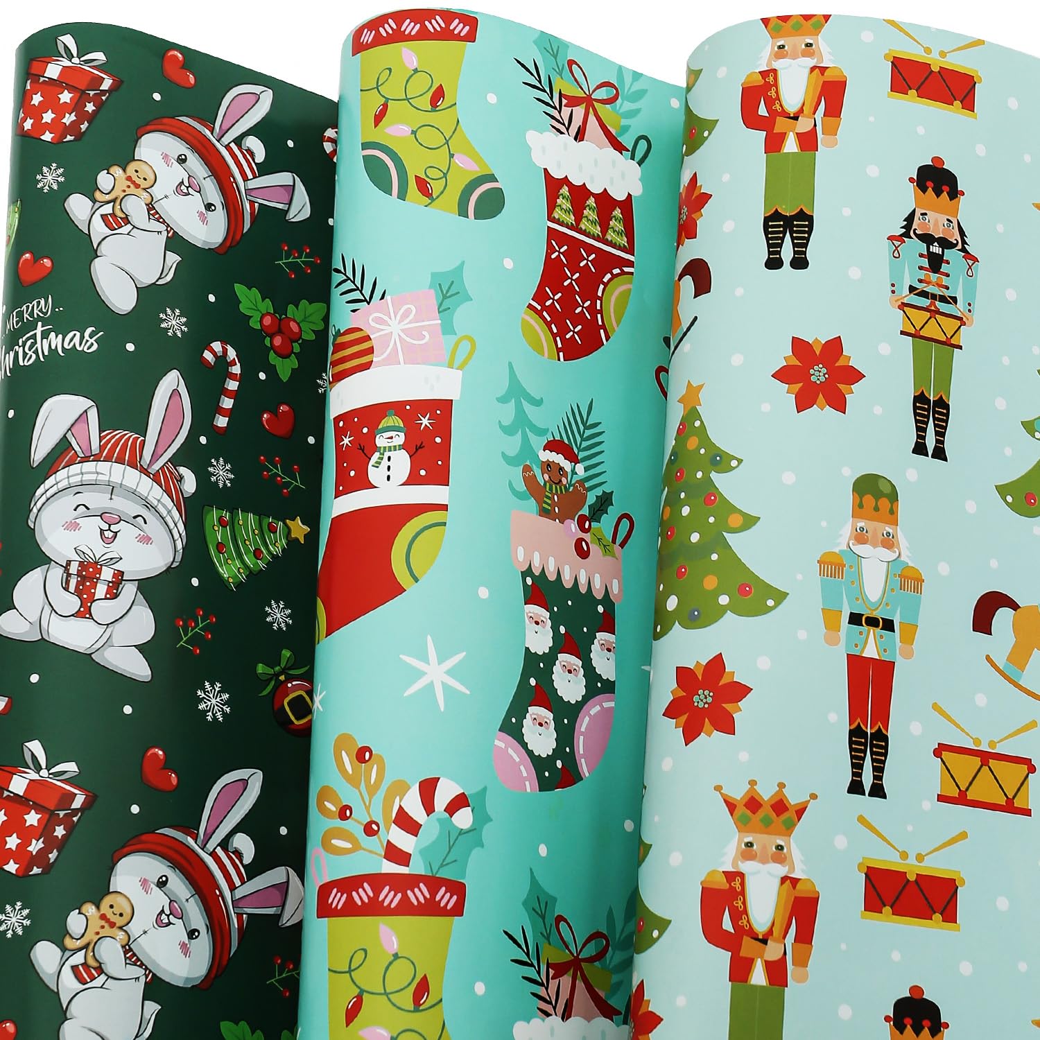 BOLIANNE Christmas Wrapping Paper for Kids Boys Girls - Funny Xmas Holiday Gift Wrap with Socks, Rabbits, Nutcracker for New Year Party - 6 Large Sheets, 27 x 37 Inch, High Gloss