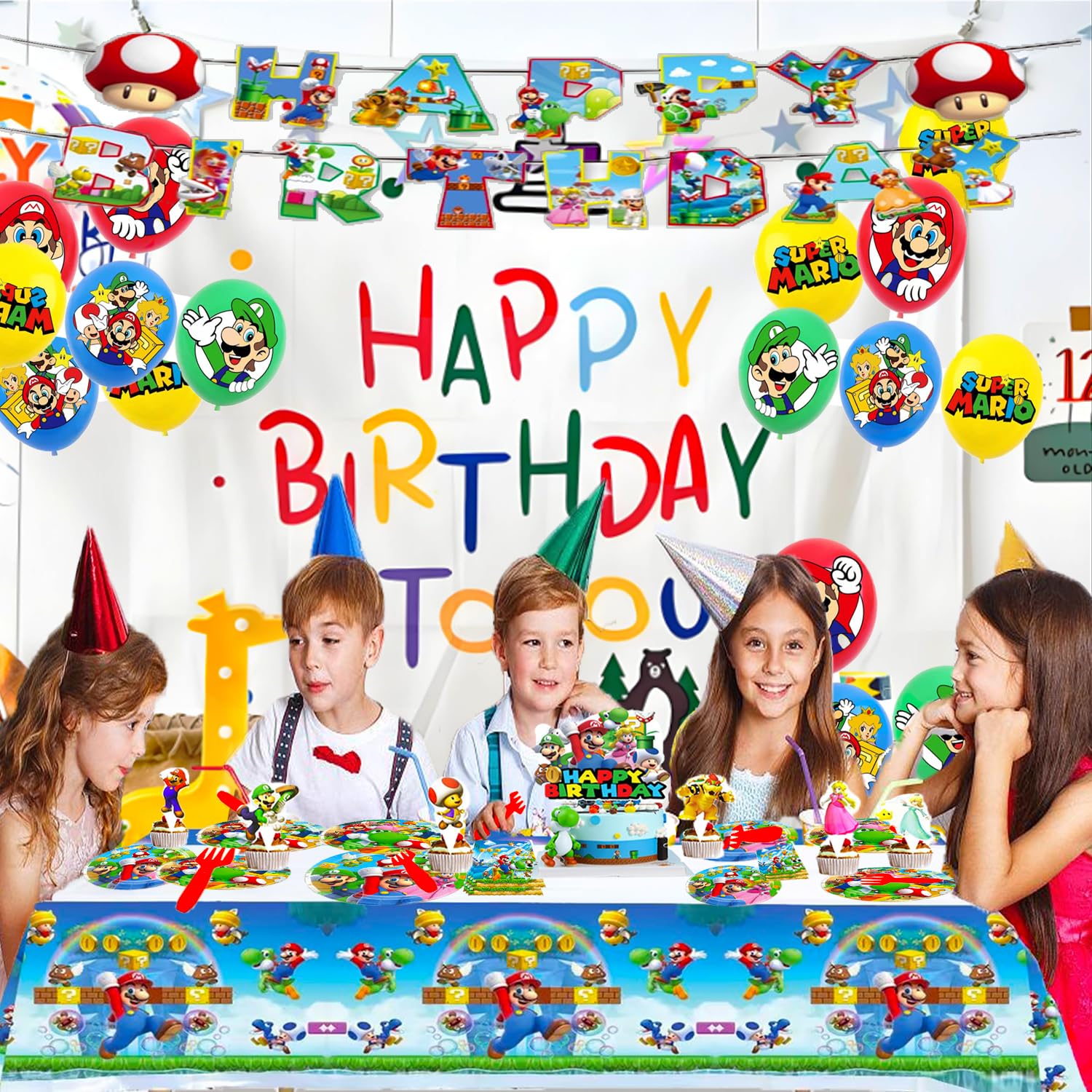 123Pcs Super Bros Themed Party Decorations, Birthday Party Supplies Decorations Set-Plates Napkins Tablecloth Banners Fork etc for 20 Guests Kids Birthday (Set A)