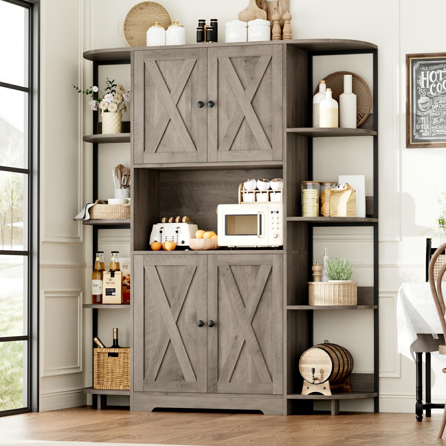 HITHOS 70" Kitchen Pantry Storage Cabinet, Tall Kitchen Hutch Cabinet with Microwave Stand, Industrial Pantry Cabinet with 8 Open Shelves & Coffee Bar Cabinet for Dining Room, Living Room, Ash Gray