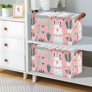 SPRIPORT Llama Cactus Pink Foldable Storage Cube for Shelves Fabric Storage Bin with Metal Frame & Double Handles Large Storage Basket for Organizing Blankets Toys Books Clothes