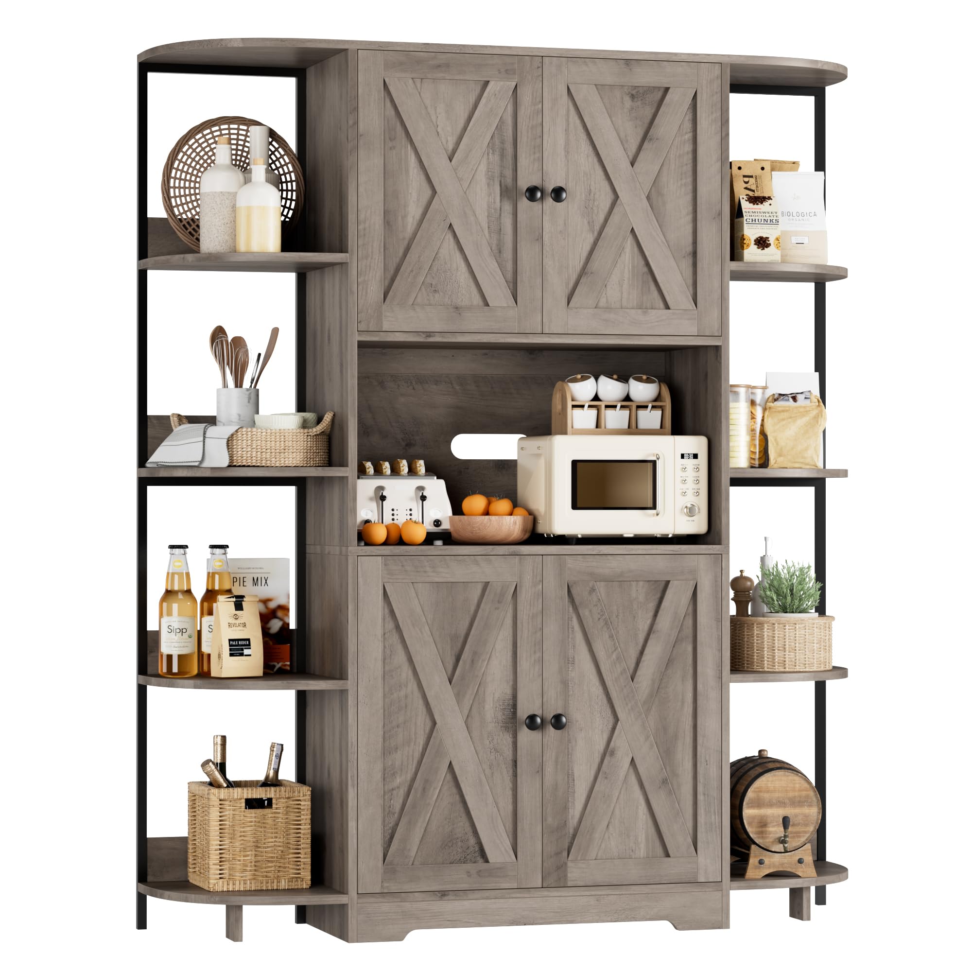 HITHOS 70" Kitchen Pantry Storage Cabinet, Tall Kitchen Hutch Cabinet with Microwave Stand, Industrial Pantry Cabinet with 8 Open Shelves & Coffee Bar Cabinet for Dining Room, Living Room, Ash Gray