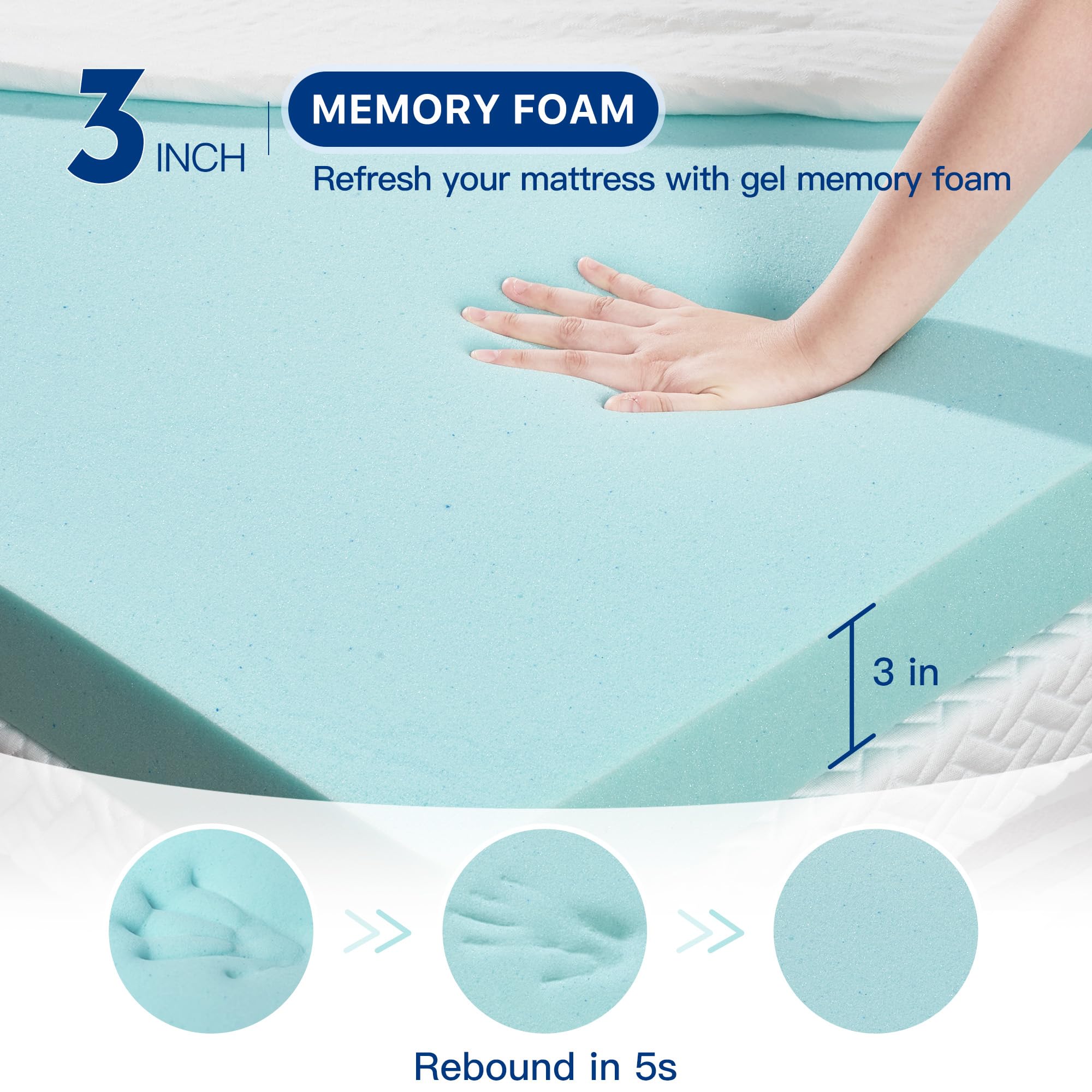 3 Inch Memory Foam Mattress Topper King Size Gel Memory Foam Cooling Mattress Topper Mattress Pad Cover for Back Pain Bed Topper with Washable Cover