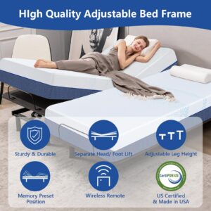 Twin XL Adjustable Bed Base with Mattress, 12 Inch Gel Memory Foam Medium-Firm Mattress in Box, Wireless Remote, Head/Foot Lift Electric Smart Bed, Adjustable Bed Frame with Thickened Frame, Blue