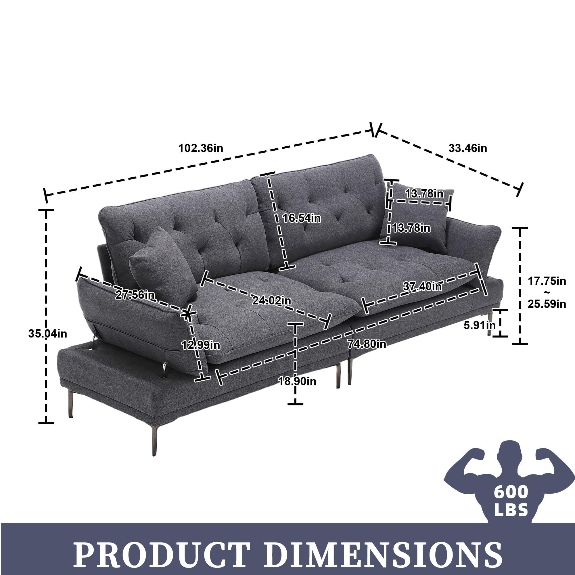 MOONMISS Loveseat Sofa, Modern Couch with Removable Pillows, Deep Seat w/Soft Cushions, Accent Upholstered Sleeper Sofa Couch for Home, Apartment, Office,Dark Grey