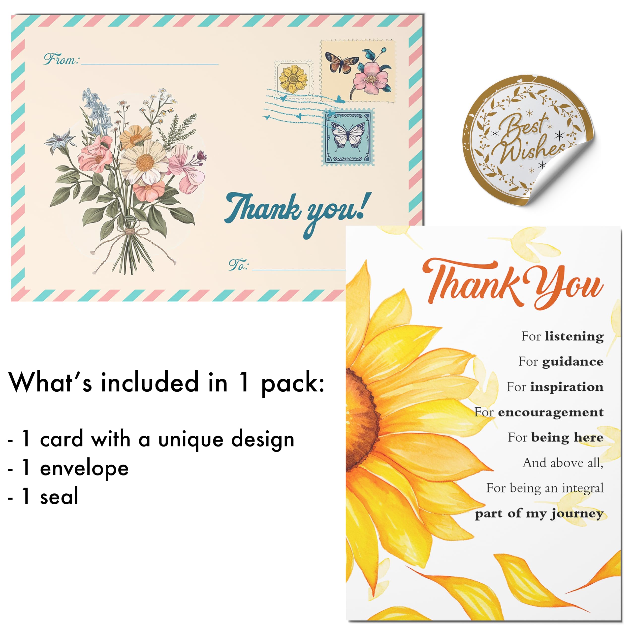 BlinkWishes Thank You Card, Thank You Greeting Cards with Envelope and Seal for Nurses Day, Admin Professional Day, Teacher Appreciation, Boss's Day, and all occasions