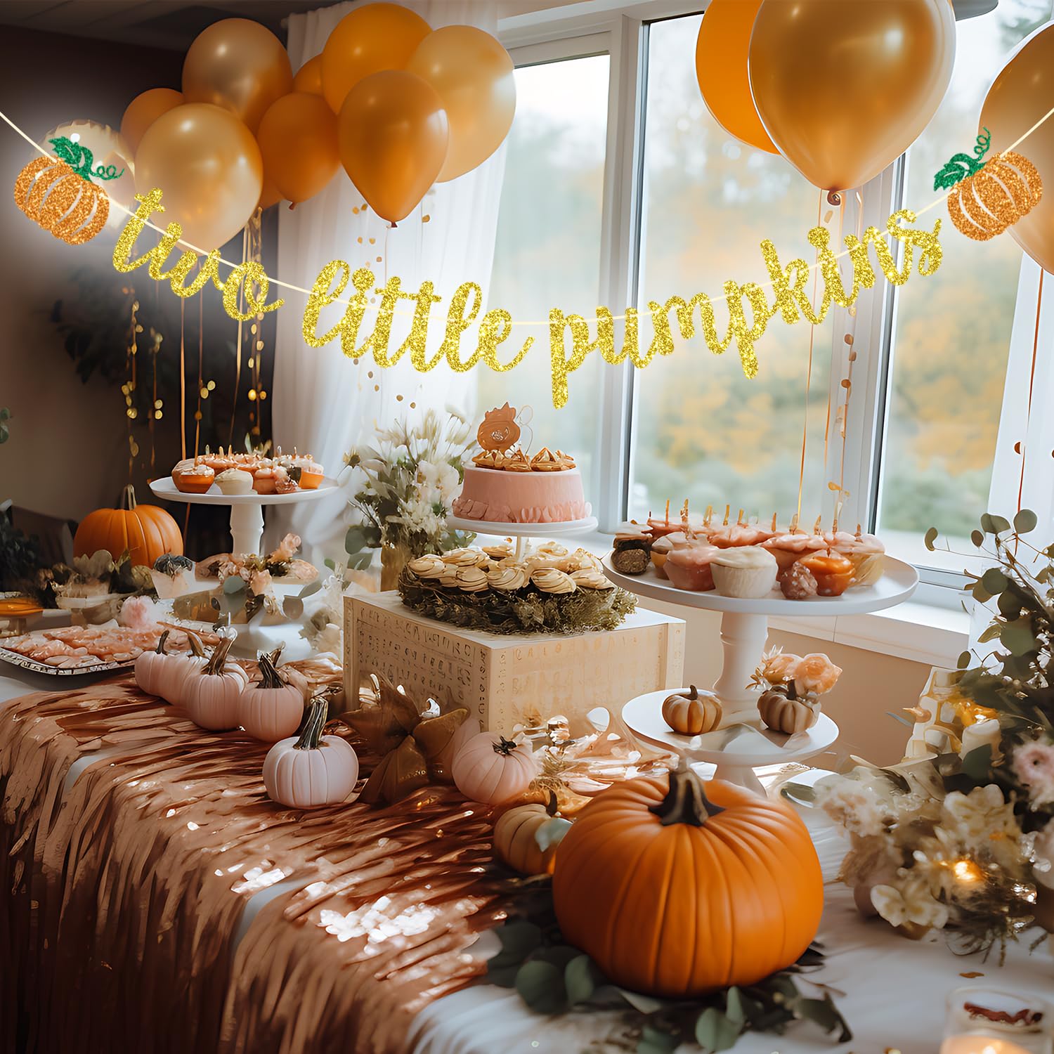 Two Little Pumpkins Banner, Twins Birthday Party Decor, Boys Girls Little Pumpkin Decor, Fall Twins Baby Shower Gender Reveal Party Decorations, Gold Glitter