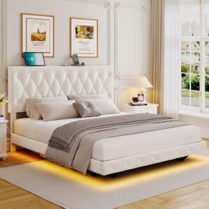 Full Size Lift Up Storage Bed Frame with Led Lights & Charging Station, Floating Bed Frame, Velvet Upholstered High Headboard Bed Frame, Hydraulic Storage/Innovative Stable Structure/Easy Assembly