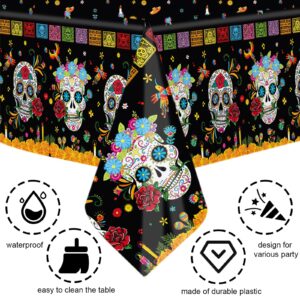 MEHOFOND 3 Pcs Day of The Dead Plastic Tablecloth, Dia De Los Muertos Disposable Table Cover for Halloween, Mexican Skull Floral Fiesta Party Decorations, Day of The Dead Party Supplies