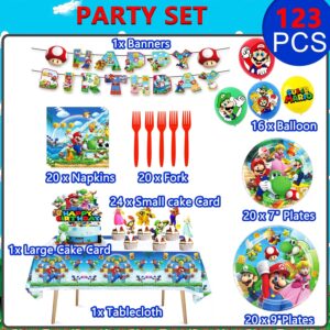 123Pcs Super Bros Themed Party Decorations, Birthday Party Supplies Decorations Set-Plates Napkins Tablecloth Banners Fork etc for 20 Guests Kids Birthday (Set A)