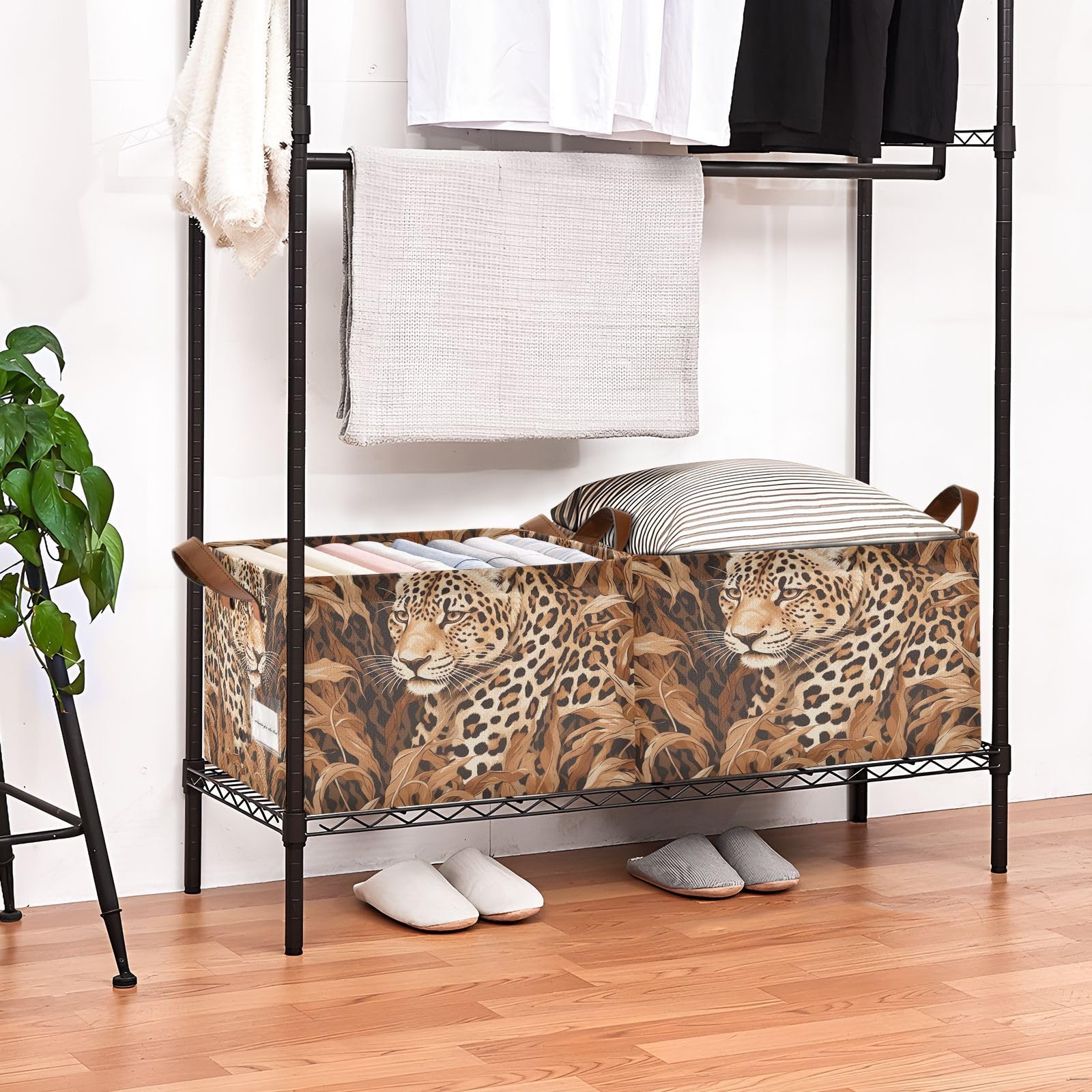 YETTASBIN Leopard Storage Basket 2 Pack, 32L Large Collapsible Toys Clothes Organizer, Waterproof Closet Storage Bin with Handle for Shelves Laundry Bathroom Home Office Decor