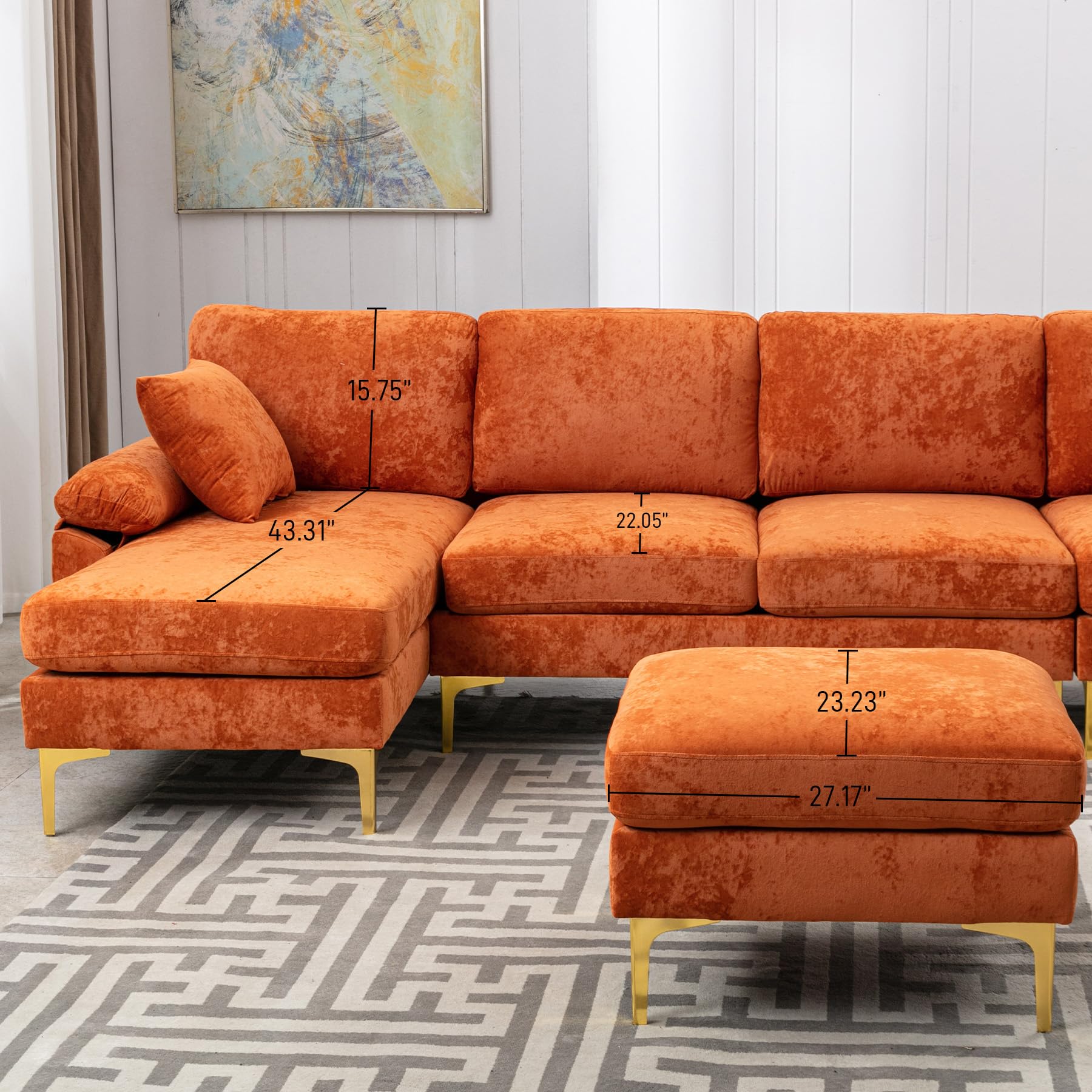 ONEMMLION U-Shaped Sectional Sofa Couch, 4 Seat Velvet Sofa Set for Living Room, Convertible L-Shaped Couch Set with Chaise Lounge, Pillows and Ottoman,114 inches (Orange)