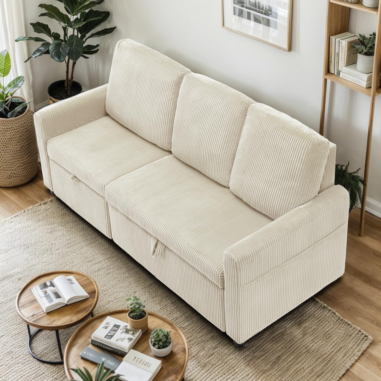 FEISHOMINOO Corduroy Modular Sectional Sofa,Comfy 3 Seater Plush Couch with Hidden Storage and Pull Out The Chaise Lounge,Small Sleeper Sofabed for Small Space Living Room (Beige, L-Shape Sofa)