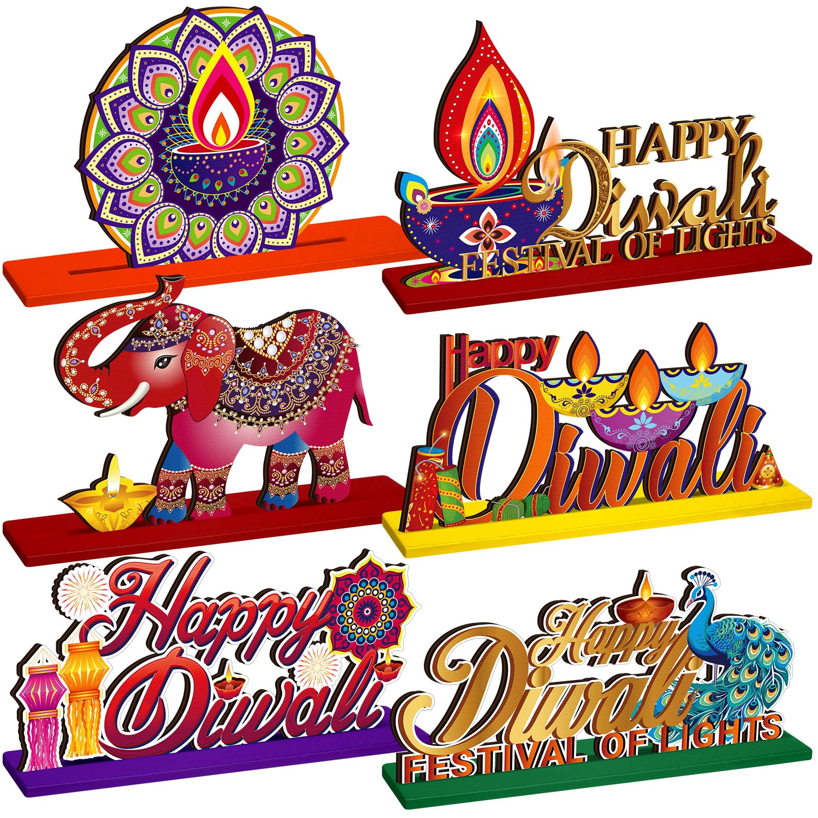 DoubleFill 6 Pcs Diwali Table Decorations Happy Diwali Decorations Deepavali Candle Oil Lamp Wooden Table Centerpieces India Festival of Lights Sign for India Diwali Party Supplies Home Decor