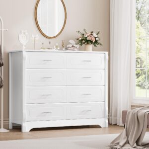 HITHOS 8 Drawer Dresser for Bedroom, White Dresser, 47" Wood Dresser & Chest of Drawers, Modern Double Storage Dresser Cabinet with Deep Drawers | Metal Handles for Living Room, Hallway, Entryway