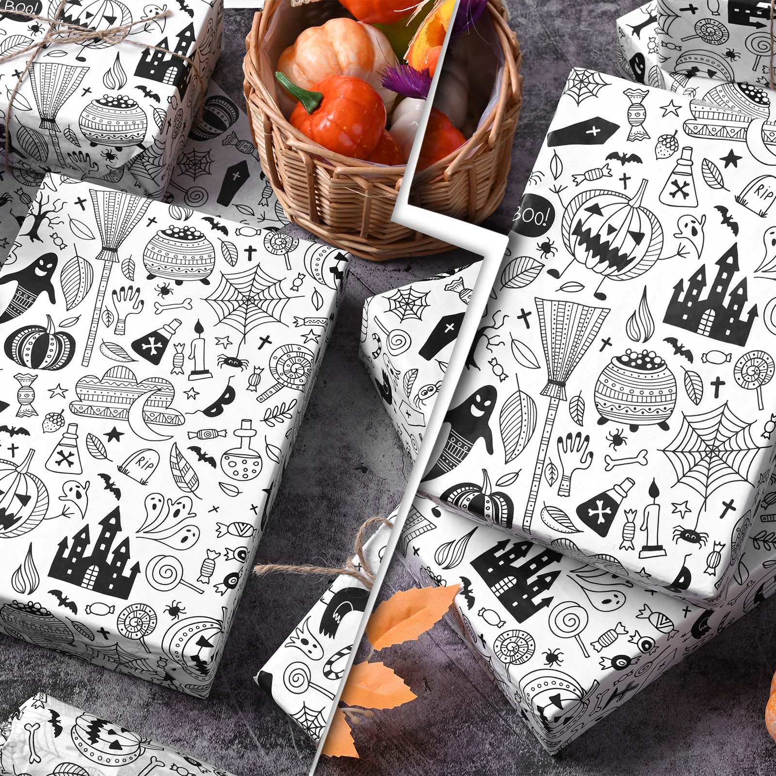 100 Sheets 20 * 14 Inches Halloween Tissue Paper for Gift Bags Boho Style Pumpkin Ghost Tombstone Castle Print Art Tissue Paper Bulk for Halloween Birthday Party DIY Crafts Gift Wrapping