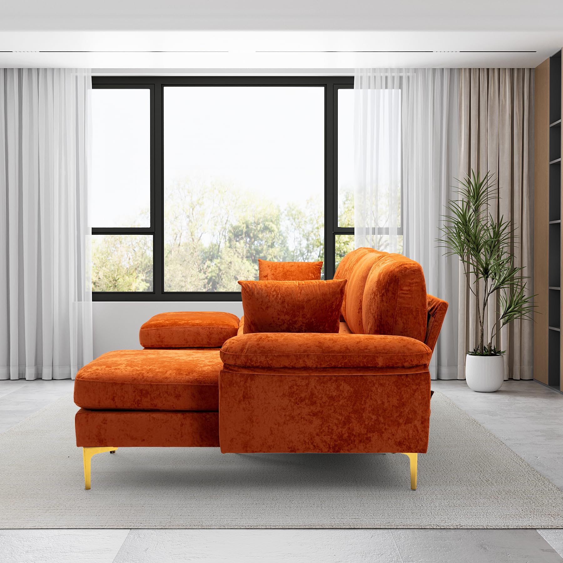 ONEMMLION U-Shaped Sectional Sofa Couch, 4 Seat Velvet Sofa Set for Living Room, Convertible L-Shaped Couch Set with Chaise Lounge, Pillows and Ottoman,114 inches (Orange)