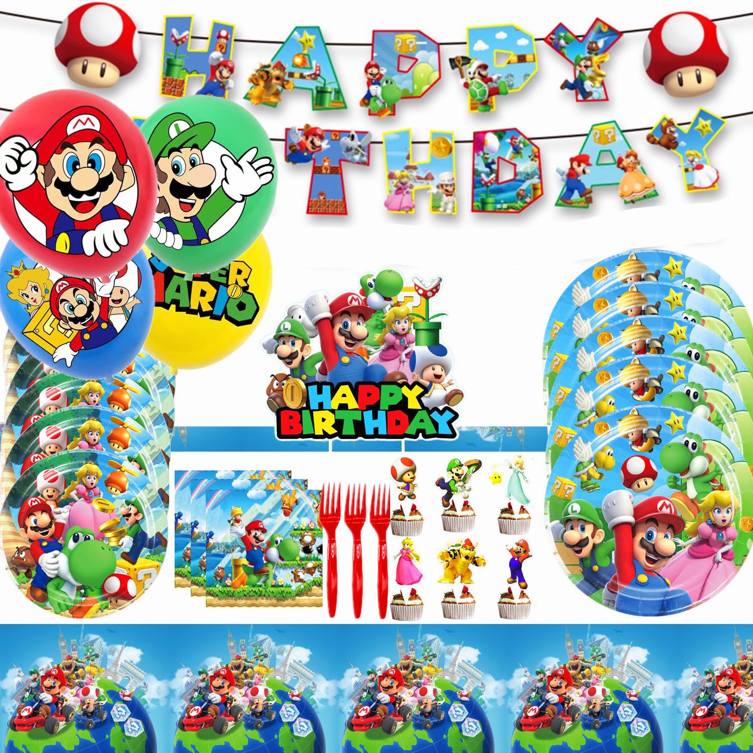 123Pcs Super Bros Themed Party Decorations, Birthday Party Supplies Decorations Set-Plates Napkins Tablecloth Banners Fork etc for 20 Guests Kids Birthday (Set A)