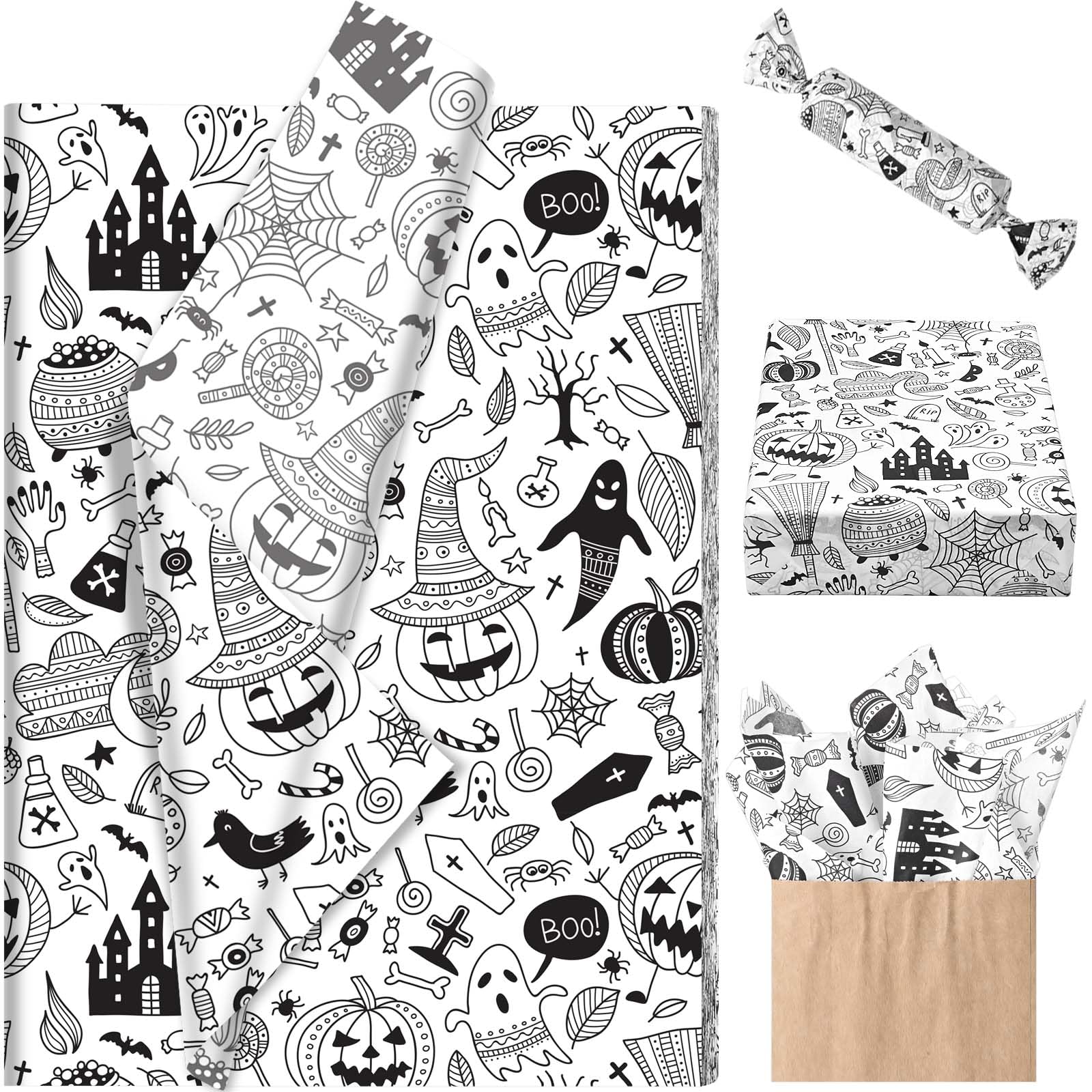 100 Sheets 20 * 14 Inches Halloween Tissue Paper for Gift Bags Boho Style Pumpkin Ghost Tombstone Castle Print Art Tissue Paper Bulk for Halloween Birthday Party DIY Crafts Gift Wrapping