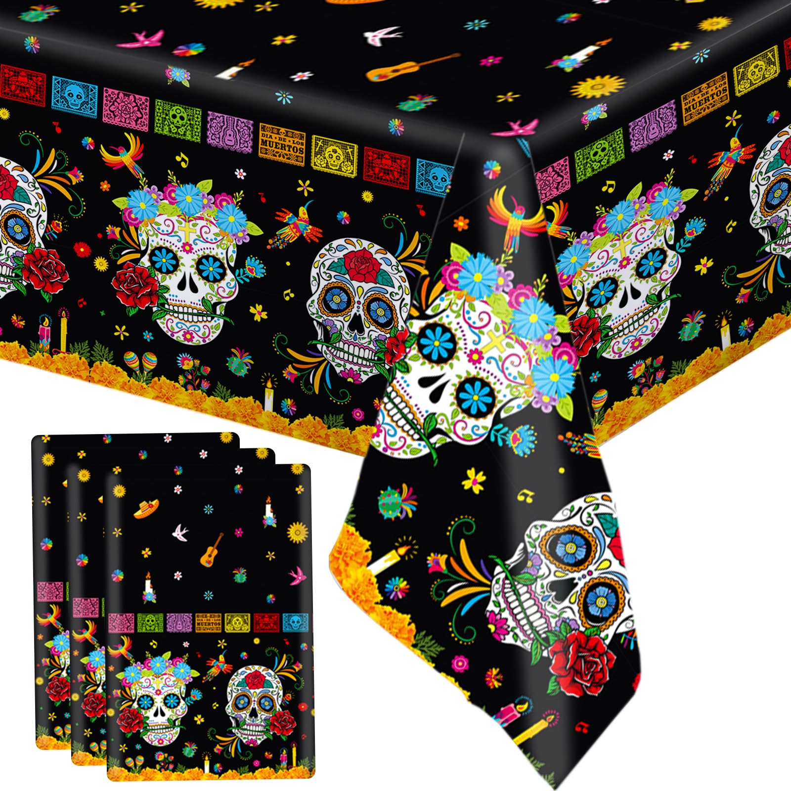 MEHOFOND 3 Pcs Day of The Dead Plastic Tablecloth, Dia De Los Muertos Disposable Table Cover for Halloween, Mexican Skull Floral Fiesta Party Decorations, Day of The Dead Party Supplies