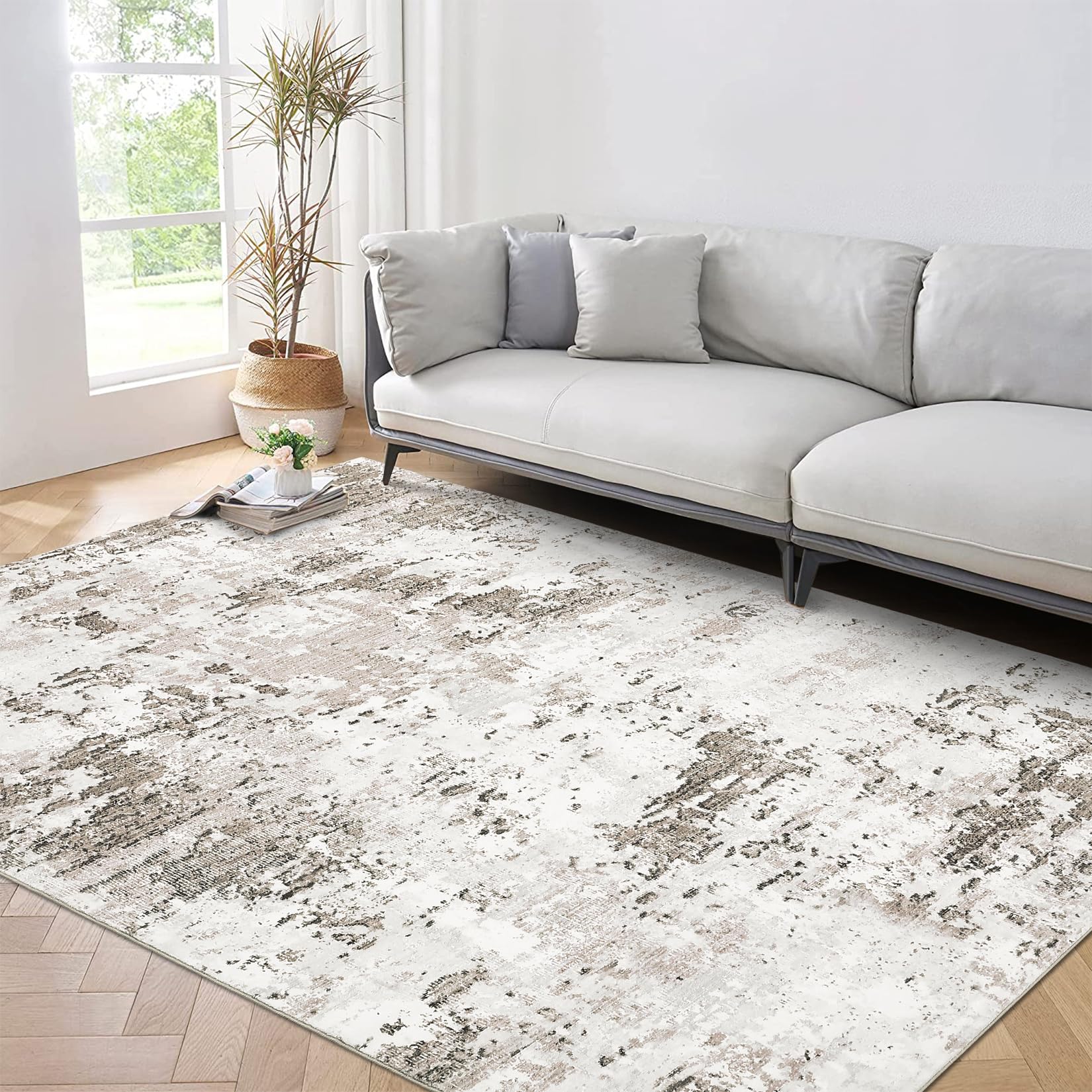 ROYHOME Washable Rug 9x12 Modern Abstract Accent Rug Non Slip Rug for Living Room Stain Resistant Throw Rug Low Pile Accent Rug Bedroom Rug Indoor Floor Cover for Office Home Decor, Taupe/Beige