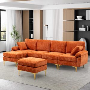 onemmlion u-shaped sectional sofa couch, 4 seat velvet sofa set for living room, convertible l-shaped couch set with chaise lounge, pillows and ottoman,114 inches (orange)