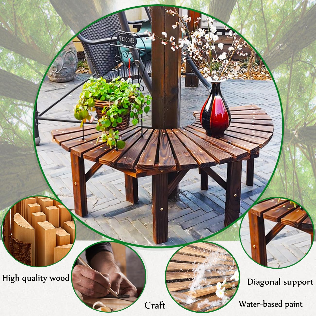 Outdoor Tree Bench,Wooden Semicircular Garden Bench Weatherproof Wrap Around Park Bench Semi Circle Garden Benches for Yard/Porch/Lawn/Patio (1pcs)