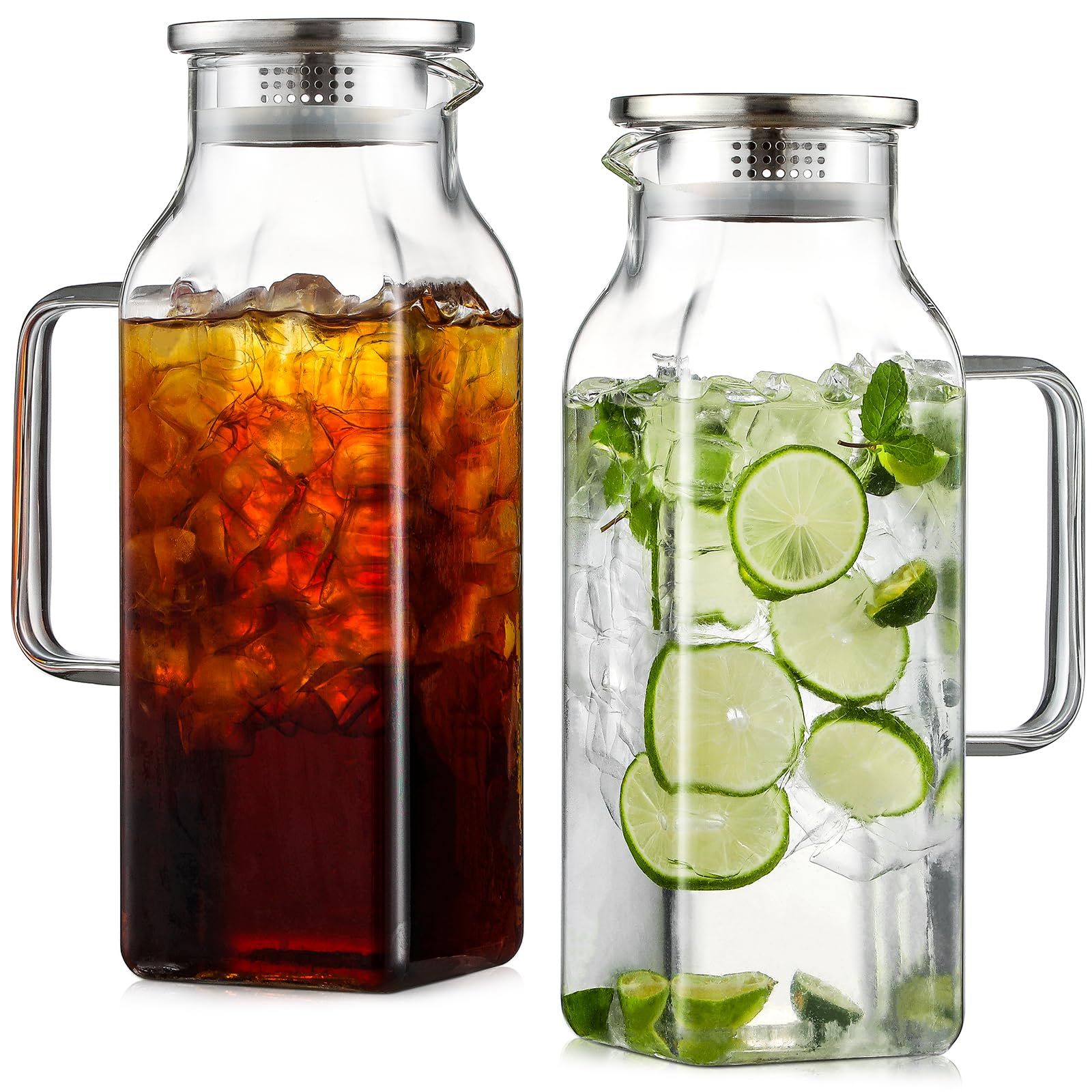 Netany 2 Pack 2 Liters/68 oz Square Glass Pitcher with Lid and Handle for Fridge, Iced Tea and Coffee Carafe Beverage Serveware, Heat Resistant Borosilicate Water Jug for Hot/Cold Drinks and Milk