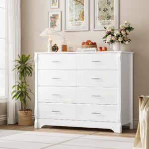 hithos 8 drawer dresser for bedroom, white dresser, 47" wood dresser & chest of drawers, modern double storage dresser cabinet with deep drawers | metal handles for living room, hallway, entryway