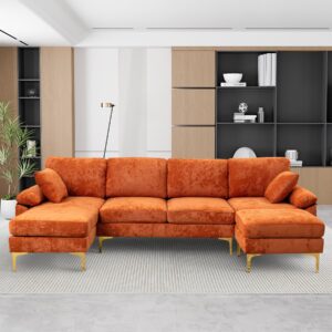 ONEMMLION U-Shaped Sectional Sofa Couch, 4 Seat Velvet Sofa Set for Living Room, Convertible L-Shaped Couch Set with Chaise Lounge, Pillows and Ottoman,114 inches (Orange)