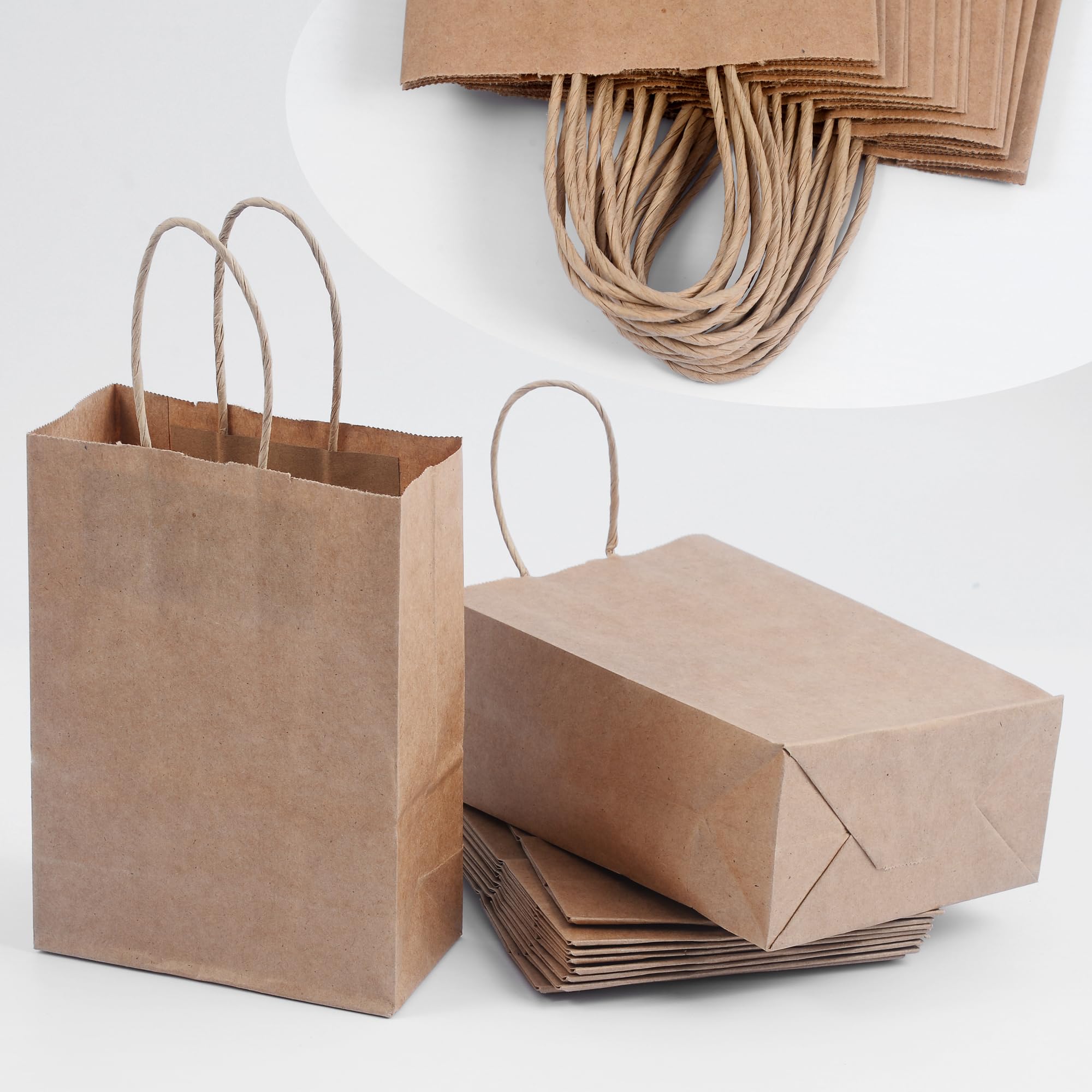 200Pack paper bags with handles，8.1x5.9x3.1 Inch，paper bags with handles bulk，gift bags bulk，brown gift bags，bolsas de papel para negocio，Paper Bags Bulk for Birthday Party Favors, Shopping, Retail