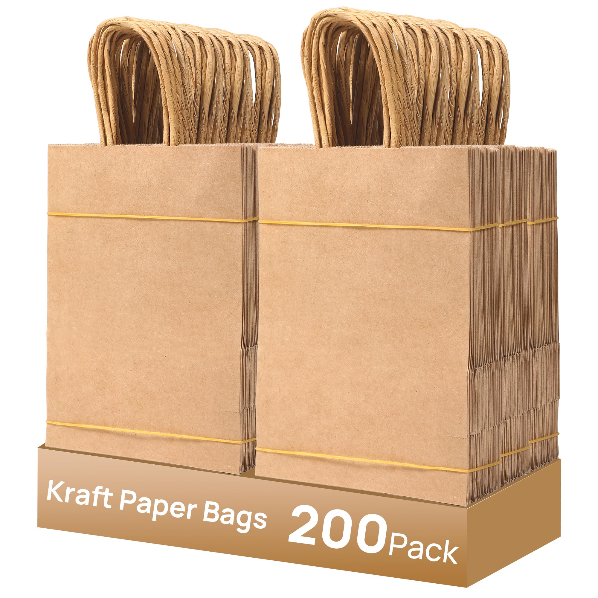 miikoul 200 Pieces 8.27"x5.9"x3.15" Brown Paper Bags with Handles, Gift Bags Bulk for Small Business, Shopping Bags, Wedding Party Favor Bags, Halloween Treat Bags for Birthday Party, Goody Craft