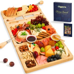 chezerra charcuterie boards gift set 25.2"×12.6", large cheese board with knife set - unique white elephant gift, house warming gift, wedding gift, 3 in 1 bamboo cheeseboard for party