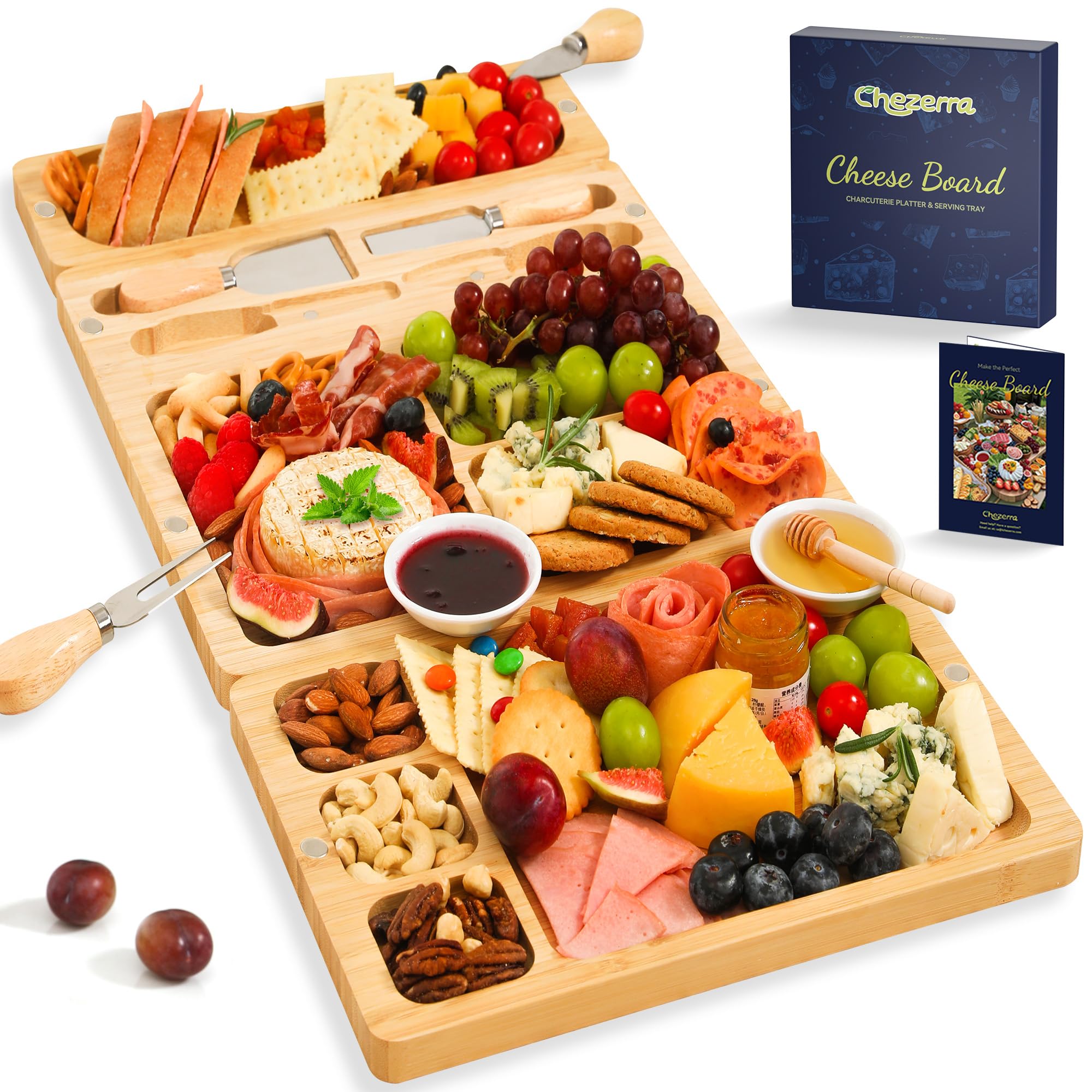 Chezerra Charcuterie Boards Gift Set 25.2"×12.6", Large Cheese Board with Knife Set - Unique White Elephant Gift, House Warming Gift, Wedding Gift, 3 in 1 Bamboo Cheeseboard for Party