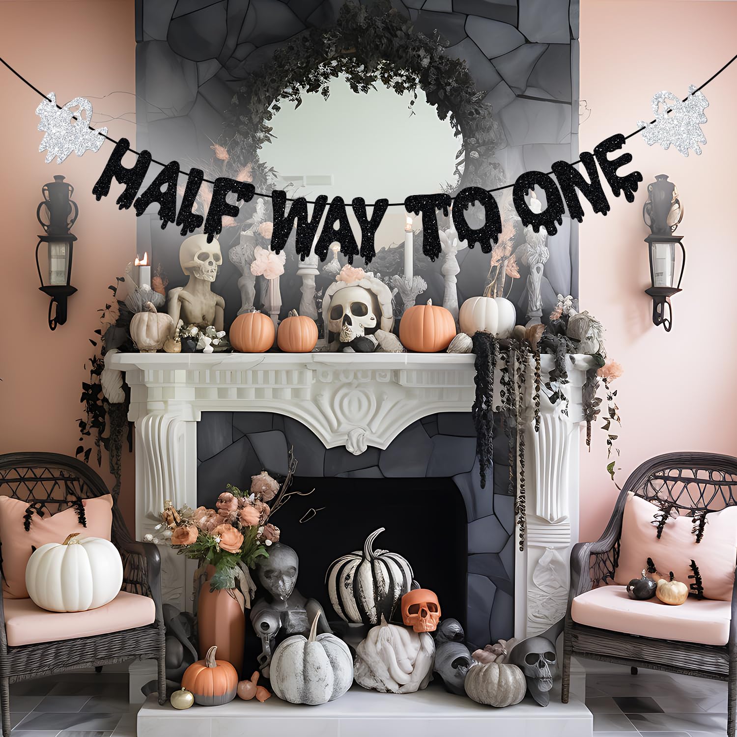 Halloween Half Way to One Banner, 6 Months Birthday Decorations, Half Birthday Decor, Little Boo, Halloween Baby Shower Birthday Party Decorations, Black Glitter