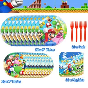 123Pcs Super Bros Themed Party Decorations, Birthday Party Supplies Decorations Set-Plates Napkins Tablecloth Banners Fork etc for 20 Guests Kids Birthday (Set A)