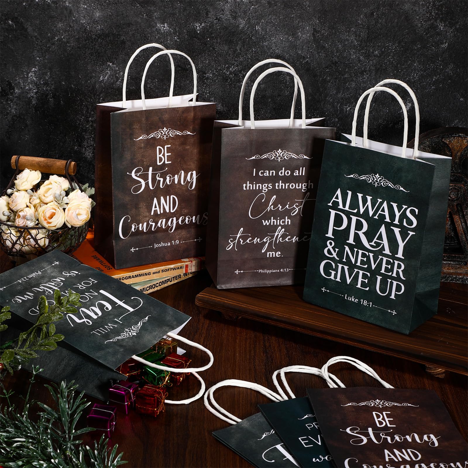 Skyygemm 12 Pcs Christian Religious Paper Gift Bags Bulk Bible Verse Treat Bags with Handles Sunday School Inspirational Scripture Bags for Church Women First Communion Baptism Party Supplies