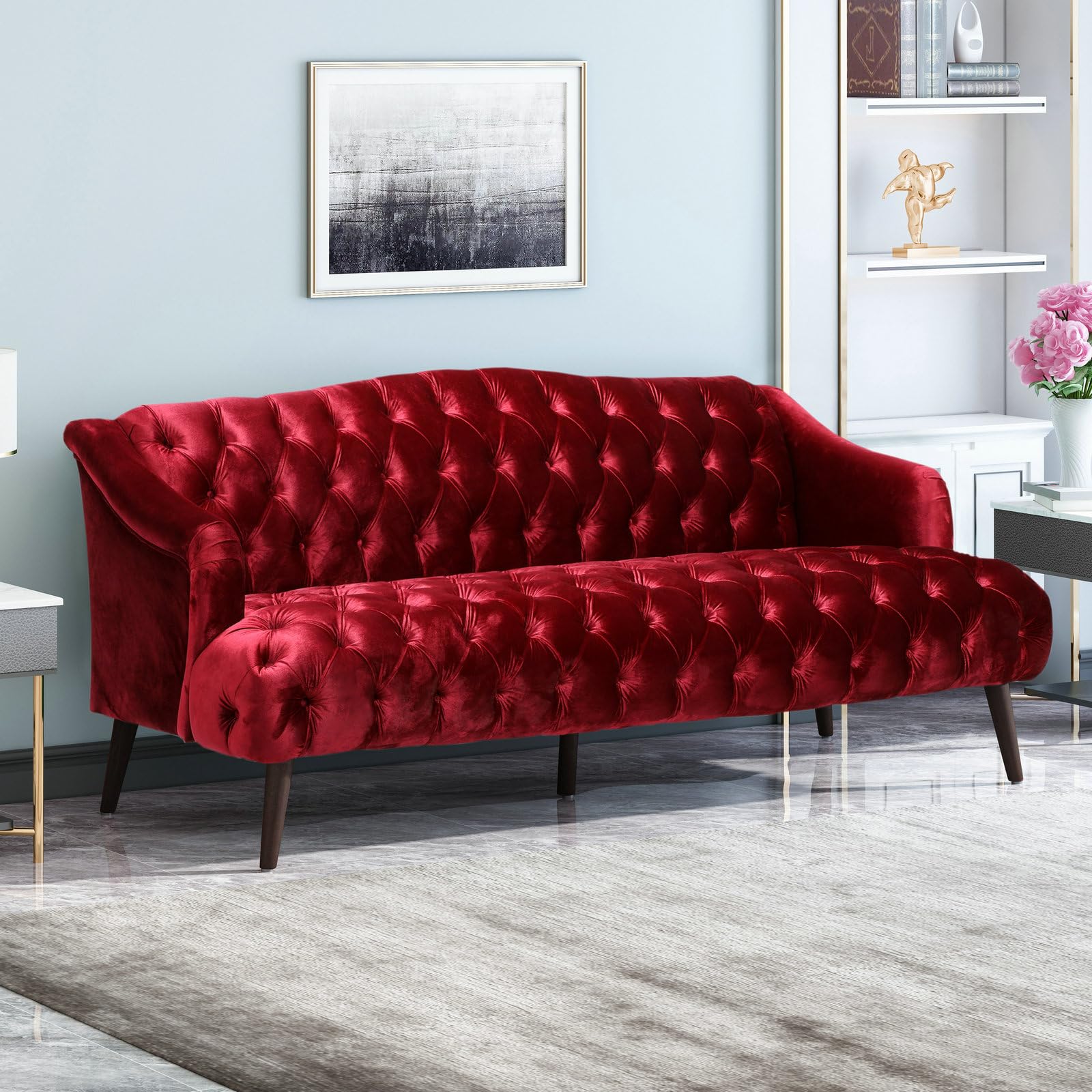 LUMISOL 3-Seat Sofa with Button Tufted for Living Room, Velvet Sofa Couch Furniture with Wooden Legs, Comfy Sofa for Small Space, Wine Red