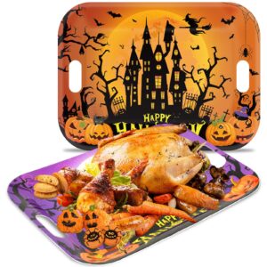 gisgfim 2pcs halloween serving trays 16.1 x 11.1 inch large melamine platters with handles, orange purple castle pumpkin bat food trays halloween movie night snack trays birthday party serving dishes