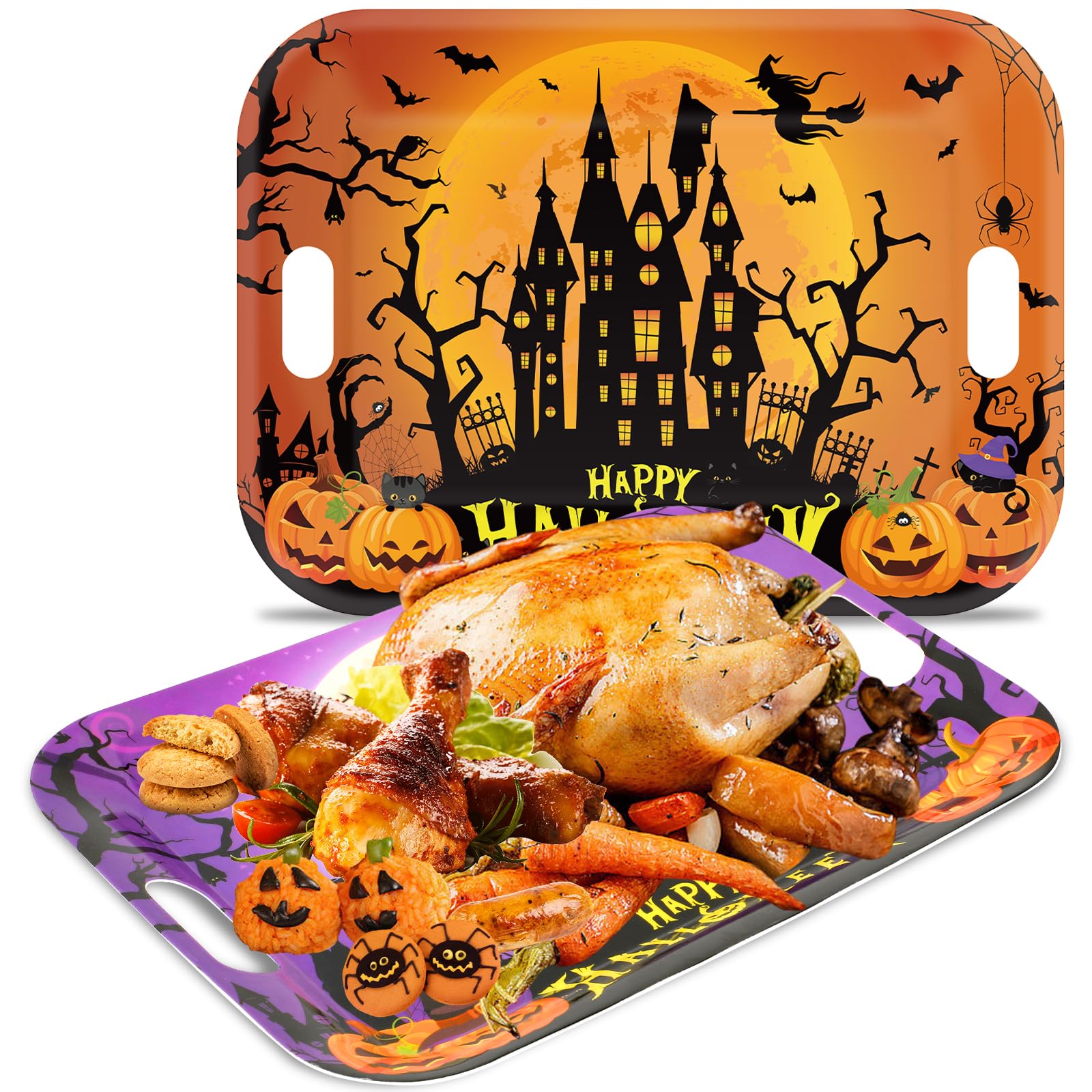 gisgfim 2Pcs Halloween Serving Trays 16.1 X 11.1 Inch Large Melamine Platters with Handles, Orange Purple Castle Pumpkin Bat Food Trays Halloween Movie Night Snack Trays Birthday Party Serving Dishes