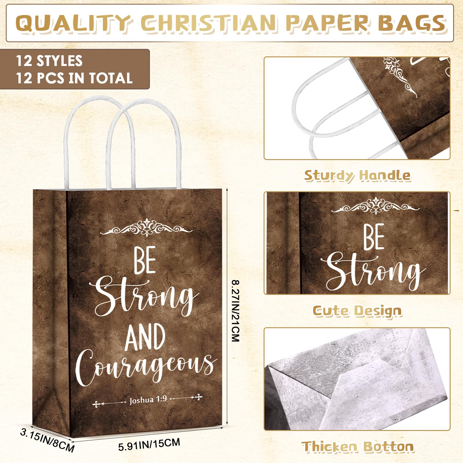 Skyygemm 12 Pcs Christian Religious Paper Gift Bags Bulk Bible Verse Treat Bags with Handles Sunday School Inspirational Scripture Bags for Church Women First Communion Baptism Party Supplies