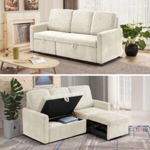 feishominoo corduroy modular sectional sofa,comfy 3 seater plush couch with hidden storage and pull out the chaise lounge,small sleeper sofabed for small space living room (beige, l-shape sofa)